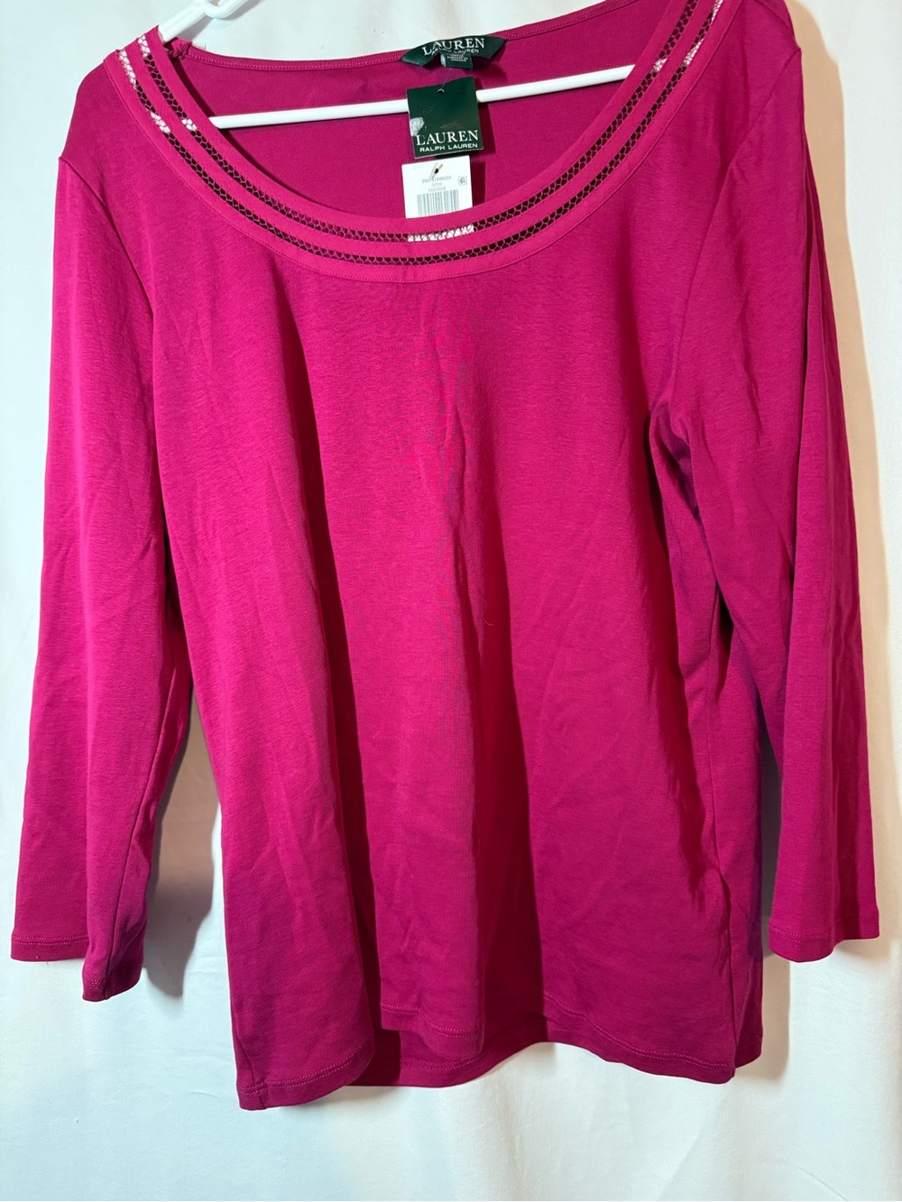 NWT Lauren Ralph Lauren Womens XL Fuchsia Long Sleeve Scoop Neck Mesh Trim Top
